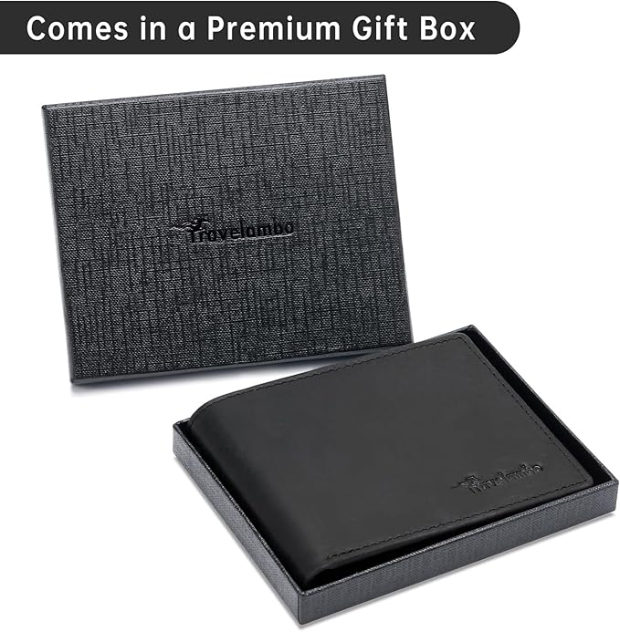 Travelambo Wallet for Men Real Leather Mens Bifold Wallet RFID Blocking - Thin & Stylish with ID Window in Gift Box (Crazy Horse, Black)