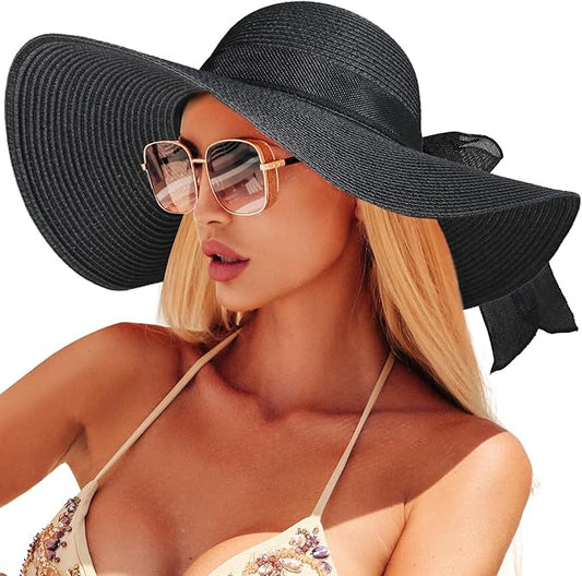 Beach Sun Hats for Women,Wide Brim Straw Hat Floppy Packable UPF 50+ UV Protection with for Summer