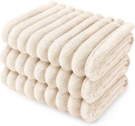 LINENLUX 1 Pack 3 Soft Fleece Dog Blanket for Pet Washable Warm Cat Puppy Fluffy Calming Flannel Beige Large