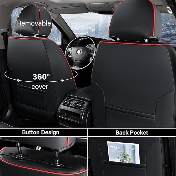 Coverado Car Seat Covers Full Set, Seat Covers for Cars, Black Car Seat Protector Waterproof, Nappa Leather Car Seat Cushion, Car Seat Covers Front Seats and Back Fit for Most Cars