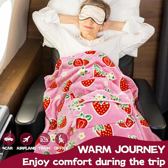 Strawberry Blanket and Pillow Set - Glow in The Dark Kids Travel Blanket Airplane Compact, Soft Fuzzy Pink Fruit Fleece Throws for Car, Plane, Traveling - Cute Strawberry Gifts for Girls 40"x60"