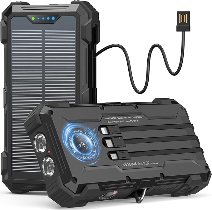 GOODaaa Solar Power Bank, 42800mAh Portable Charger 20W Fast Charging External Battery Pack Built in 4 Cables, Wireless Charging Power Bank for Apple Watches with Flashlight, Carabiner,Thermometer