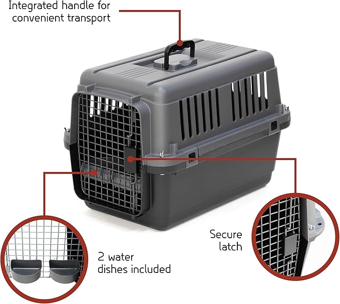 SportPet Airline Approved Wire Door Travel Dog Crate, Durable Plastic Pet Travel Kennel, Secure Latch, Collapsible, Food Bowls & Accessories, Fits Dogs up to 21" L & 13" H - Small - Gray/Black