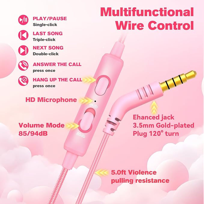 K6 Kids Headphones, 85/94dB Volume Limit Wired Headphones for Kids,3.5mm Jack Foldable Stereo Sound Toddler Headset with Mic, On-Ear Headphone for Smartphones/iPad/Tablet/Plane/Travel (Pink)