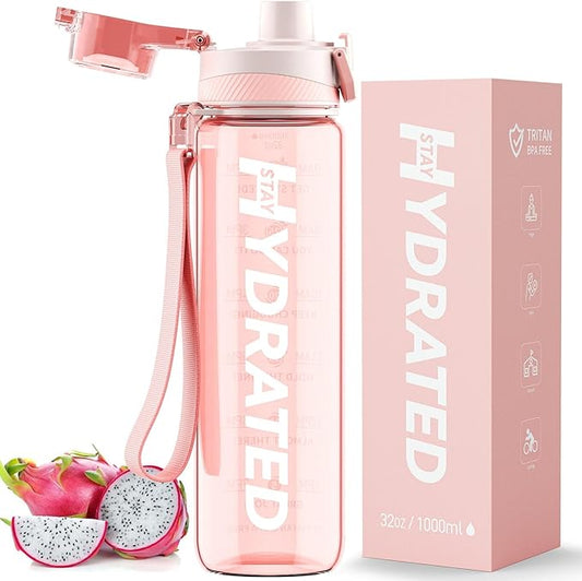 Water Bottle, 32 oz Motivational Water Bottles with Time Marker-Tritan & BPA Free, Sports Water Bottle with Time to Drink & Strap, Wide Mouth, Leakproof -Gift for Christmas Gym Fitness & Outdoor