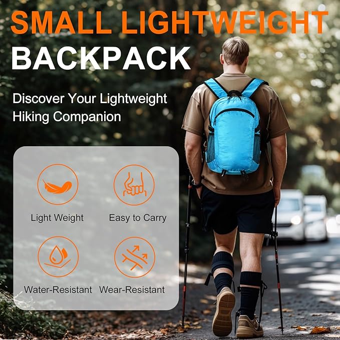 Small Hiking Backpack 15L Travel Lightweight Hiking Packable Daypack Water-Resistant Foldable Backpacks for Women Men Camping (Blue)
