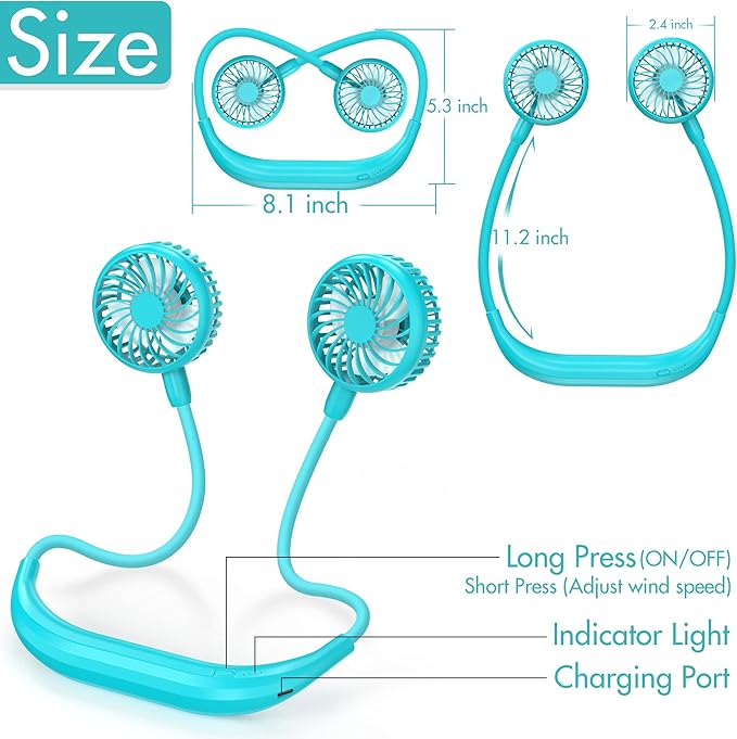 Portable Neck Fan, 2600mAh Battery Operated, Ultra Quiet Hands Free USB Fan with 3 Speeds, Strong Wind, 360° Adjustable High Flexibility Wearable Personal Fan for Sport Office Outdoor Travel (Cyan)