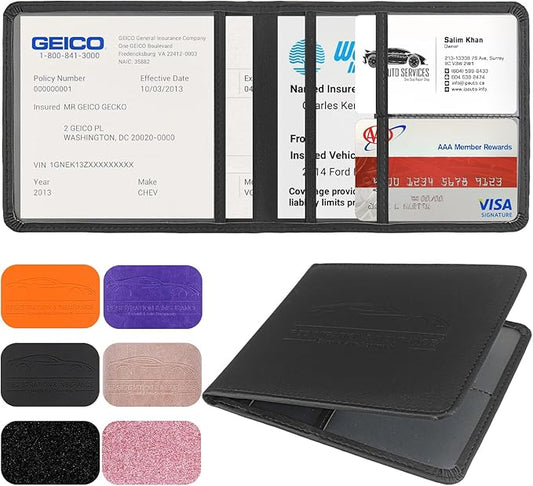 Car Registration and Insurance Holder, Leather Registration and Insurance Card Holder, Vehicle Glove Box Organizer - For Documents, Cards, License (Black)