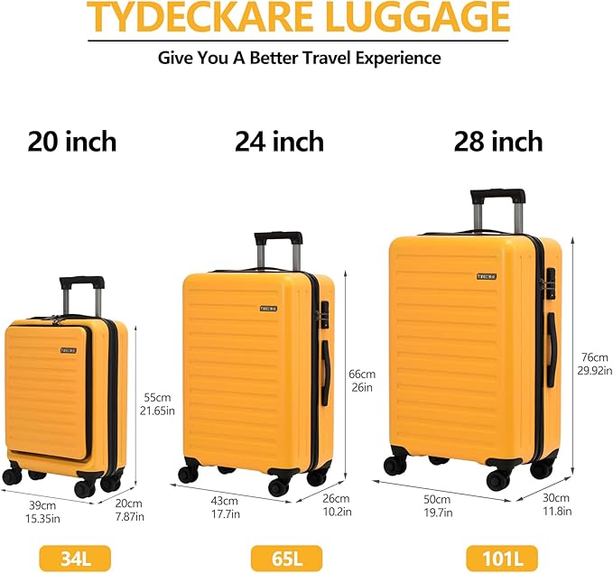 3Pcs (20/24/28) Luggage Set, HardShell Lightweight, Only 20" with Front Pocket, 21.65*15.35*7.87" Fits Overhead Cabin, 24" (26*17.7*10.2") and 28" (19.68*11.81*29.92") Checked Luggage, Orange