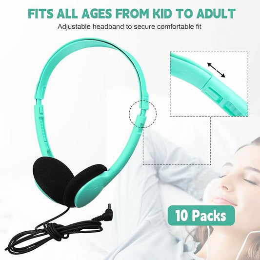 Konohan 10 Pack Headphones Bulk Headphone for School Classroom Student Wired Headphones Adjustable with 3.5 mm Jack for Adults (Emerald Green)