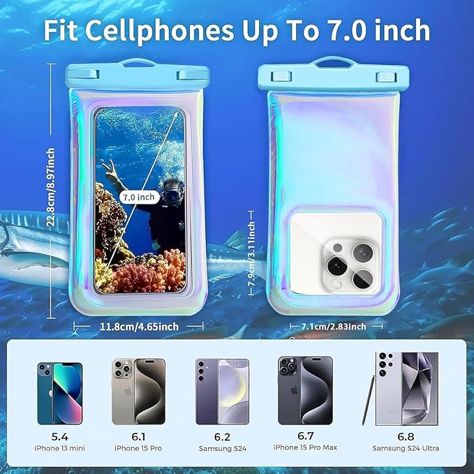 Floatable Soap Bubble Waterproof Phone Pouch/Case with Crossbody Lanyard for iPhone 17 16 Pro Max/15 Pro/14/13/12, IP68 Cellphone Dry Bag Beach Cruise Ship Essentials,Iridescent Blue,1 Pack