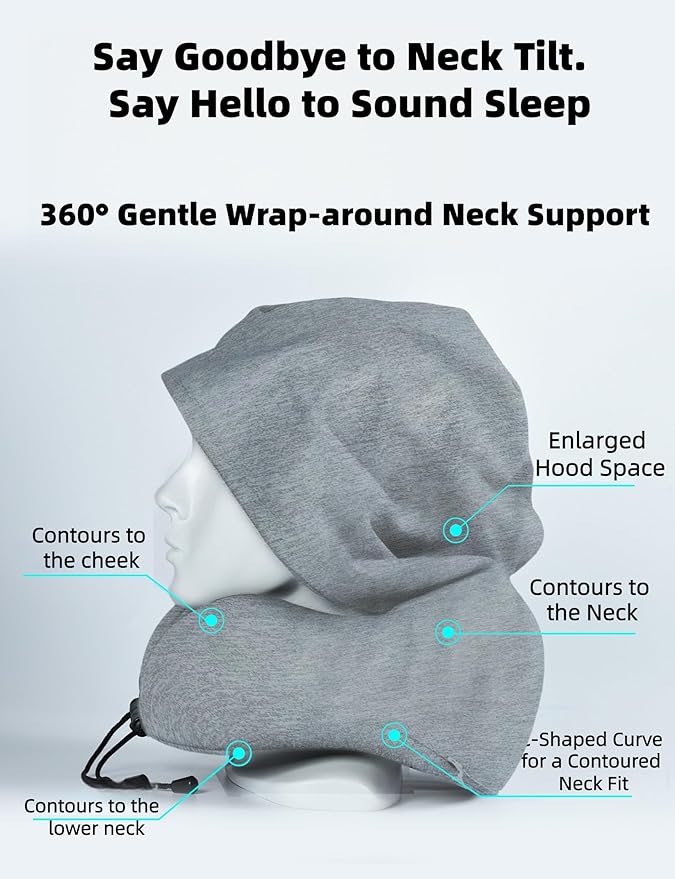 Travel Neck Pillow with Extra Large Hood Rollable Airplant Hooded Neck Pillow with Memory Foam Filling and Removable, Skin-Friendly Cover with a Carrying Pouch