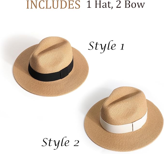 DRESHOW Women Straw Panama Hat Travel Fedora Beach Sun Hat Summer Wide Brim Straw Roll up Hat UPF 50+