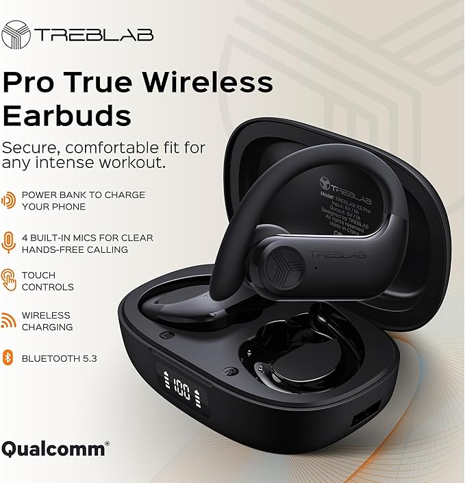 TREBLAB X3 Pro Wireless Ear Buds Bluetooth, 145H Long Battery Life Workout Headphones with Secure Ear Hooks, Bluetooth 5.3 Sport Over Ear Earbuds,Noise Isolation, IPX5 Sweatproof Earphones, 4 ENC Mics