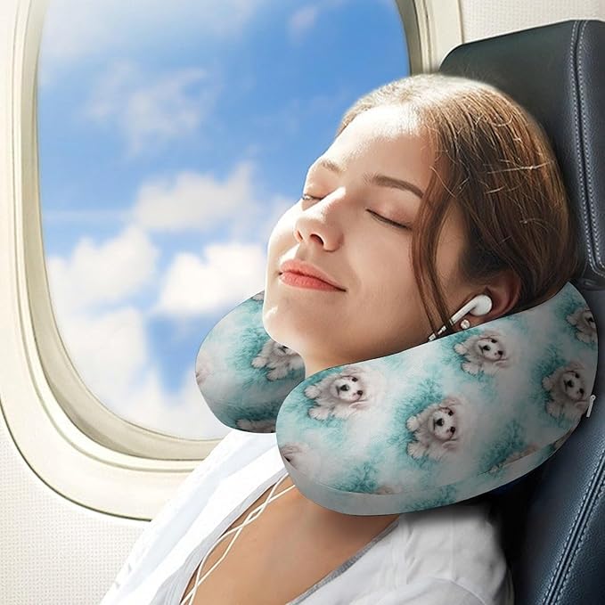 Fashion Travel Pillow Memory Foam Chin Head Support Cute Animal Maltese Art, Breathable Washable Cover for Women Men Airplane Car Decor