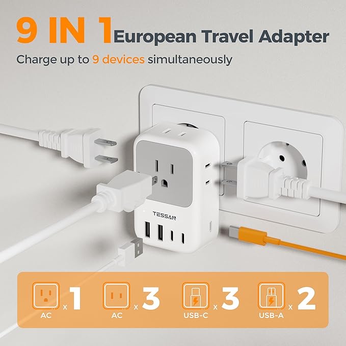 European Travel Plug Adapter 28W, TESSAN US to Europe Plug Adapter with 4 Outlets 5 USB Ports (3 USB C), Type C Power Adaptor for USA to EU Euro Italy Spain France Iceland Germany Greece Portugal