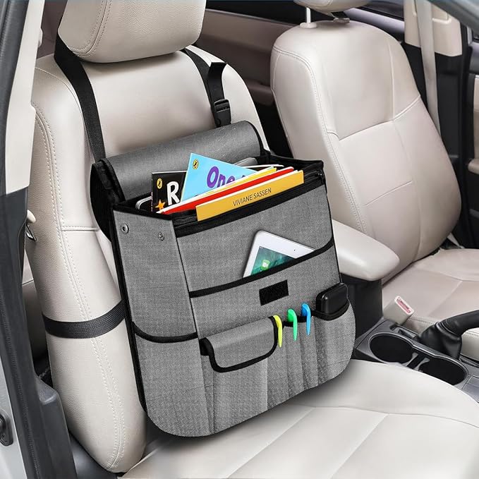 Car Front Seat Organizer| Efficient Car Organizers and Storage | Laptop,Tablet Pockets, Adjustable Straps,Kid-Friendly, Multi-Pocket, Cup Holders, Sturdy and Durable, Grey