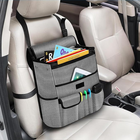 Car Front Seat Organizer| Efficient Car Organizers and Storage | Laptop,Tablet Pockets, Adjustable Straps,Kid-Friendly, Multi-Pocket, Cup Holders, Sturdy and Durable, Grey