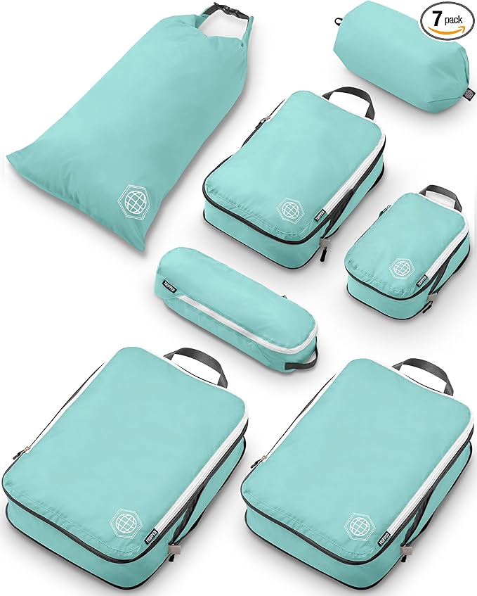 Large Compression Packing Cubes for Travel-Packing Cube Luggage Organizers 7 Piece Set for Checked Luggage-Ultralight, Expandable/Compression Bags by TRIPPED Travel Gear (DustyTeal/White)