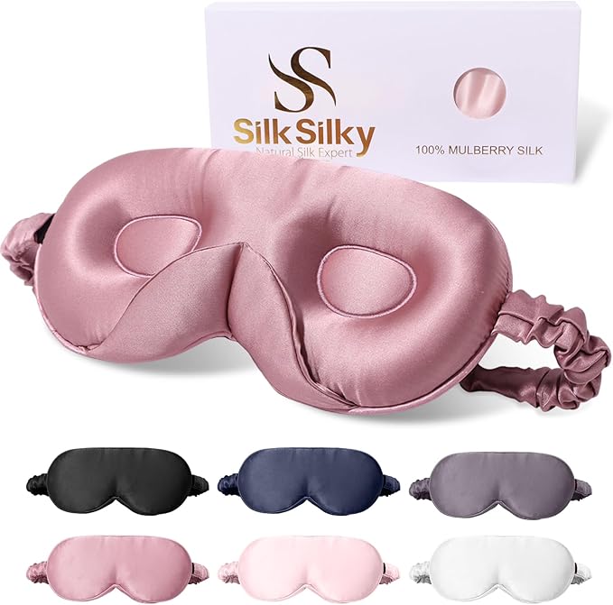 SilkSilky 100% 22 Momme Mulberry Silk Sleep Mask – Upgraded 3D Contoured Eye Mask with Nose Wing Pads & Adjustable Strap, Luxury Blackout Eye Cover for Women & Men (Pale Mauve)