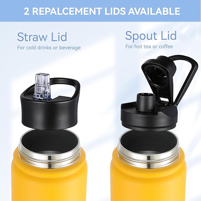 HASLE OUTFITTERS Insulated Water Bottle 22 oz Double Wall Stainless Steel Water Bottle Wide Mouth with Straw Lid & Spout Lid Keeps Cold or Hot(Yellow Orange Gradient,1)