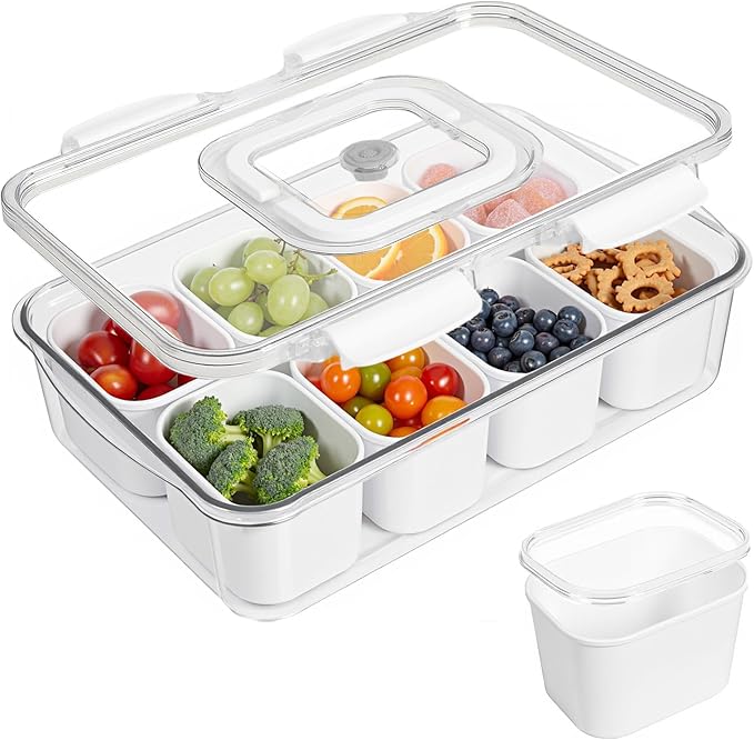 Dishwasher Safe Snackle Box Container, Portable Snacklebox for Veggie, Candy, Divided Serving Tray with Lid and Handle, 8 Compartment Fruit Platter for Party, Picnic, Travel