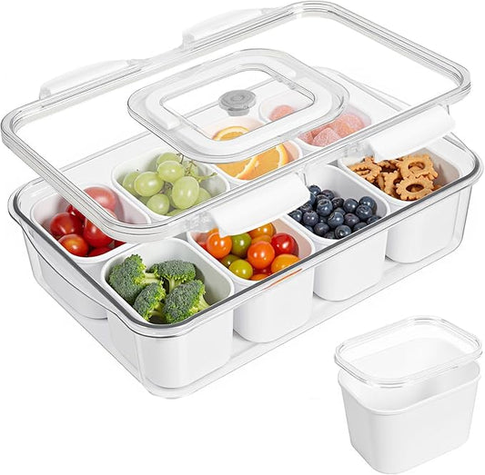 Dishwasher Safe Snackle Box Container, Portable Snacklebox for Veggie, Candy, Divided Serving Tray with Lid and Handle, 8 Compartment Fruit Platter for Party, Picnic, Travel