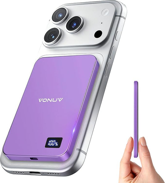 Magnetic Portable Charger 5000mAh, 15W Ultra Slim Wireless Portable Charger, Fast Charging for iPhone 17/16/15/14/13/12 Pro/Pro Max/Plus, Metal Shell, USB-C Cable to Charge Other Phones (Purple)