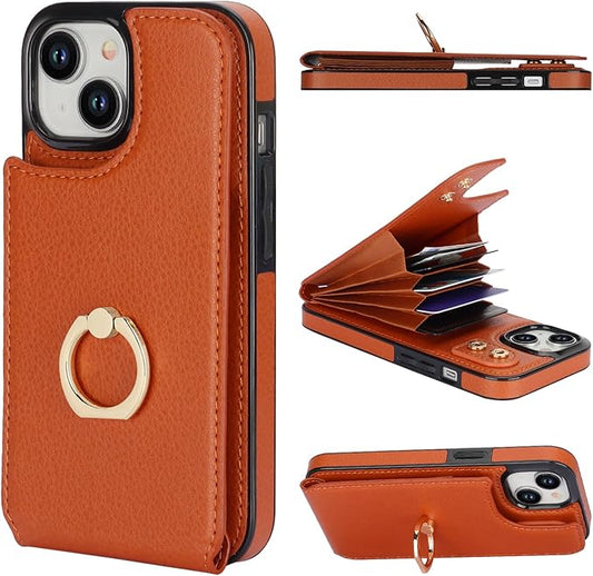 Folosu Compatible with iPhone 15 Case Wallet with Card Holder, 360°Rotation Finger Ring Holder Kickstand, RFID Blocking Leather Protective Double Buttons Shockproof Cover 6.1 Inch Brown