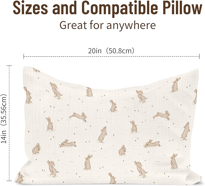 Toddler Pillowcases for 13"x18" Pillow 2 Pack, Muslin Small Toddler Baby Kids Travel Pillow Covers for Boys Girls with Envelope Closure (Rabbit B & Beige, 14 x 20 Inch)