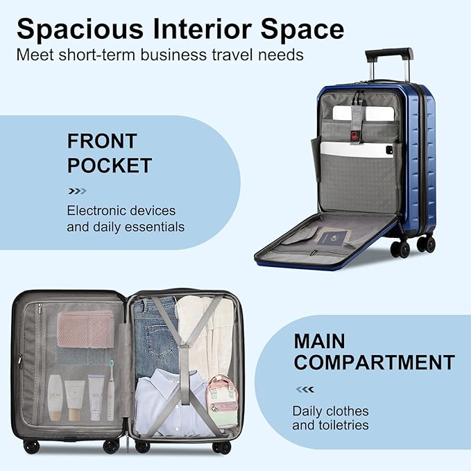 Carry On Luggage 22×14×9 Airline Approved, 20 Inch Lightweight ABS+PC Hard Shell Suitcases with Front Pocket, Spinner Wheels, TSA Lock (Navy Blue, 1PC)