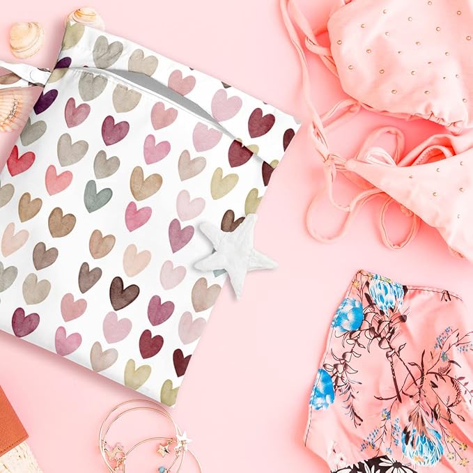 Wet Bag, Wet Dry Bag, Wet Bag for Swimsuit, Travel, Beach, Pool, Diapers, Dirty Yoga Gym Clothes, Toiletries, Makeup Bag, Daycare Soiled Items, Waterproof Reusable Boho Heart