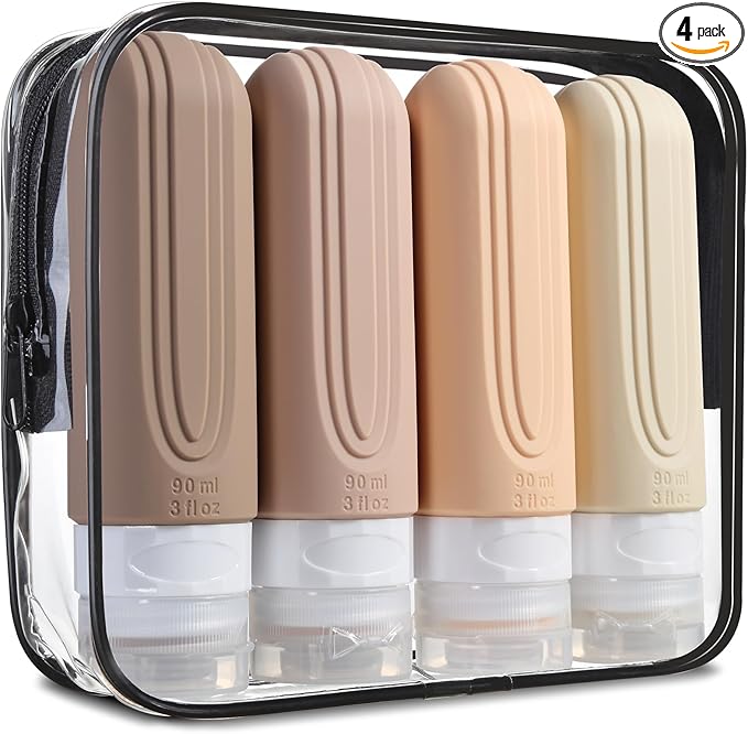 Travel Bottles for Toiletries, Tsa Approved 3oz Travel Size Containers BPA Free Leak Proof Refillable Liquid Silicone Squeezable Travel Accessories for Shampoo Conditioner Lotion (4 Pack)