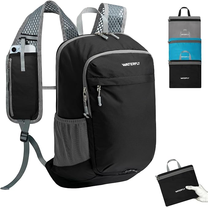 WATERFLY Packable Lightweight Small Backpack: 15L Foldable Mini Hiking Daypack - Ultralight Compact Day Pack for Women Men Outdoor Travel Camping Walking - Black