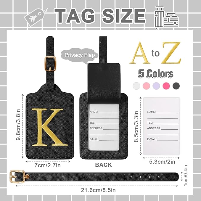 Personalized Initial Luggage Tags for Suitcase TSA Approved, Black Leather Cute Luggage Tag with Privacy Cover Name Card, Embroidered Custom Luggage Tags Travel Backpack Tags Gifts for Women Kids(K)