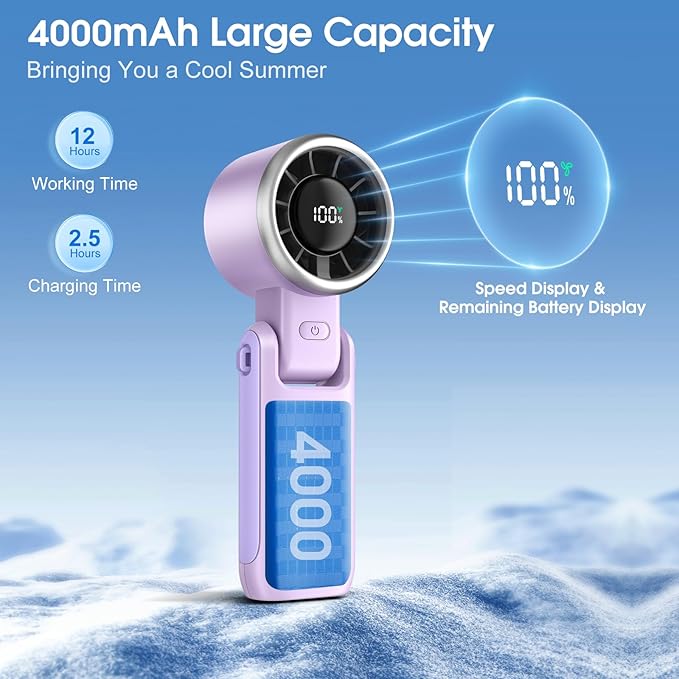 WHATOOK Portable Fan Handheld Mini Fan: Travel Fans with Air Turbo Tech, 4000mAh Battery with LED Display, 5 Gear Wind, 3 in 1 Foldable Small Hand Fans for Makeup, Outdoor, Working, Shopping (Purple)