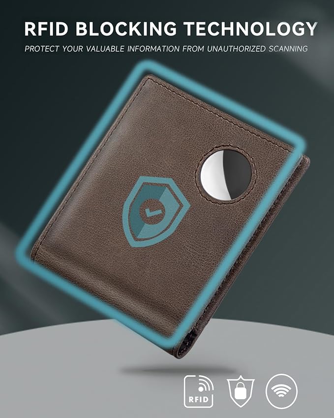 Mens Wallet with AirTag Holder, Genuine Leather Bifold RFID Blocking Wallet for Men - 2 ID Window 13 Cards Holders 1 Gift Box, AirTag Not Included