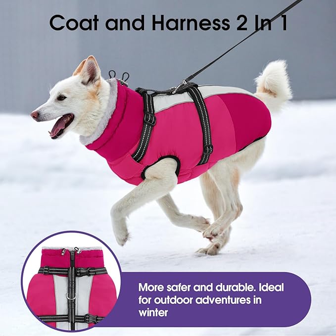 SUNFURA Dog Coat for Small Dogs, Warm Dog Winter Jacket with Harness Built in, Waterproof Pet Snow Jacket Fleece Cold Weather Coats for Puppy Chihuahua, Maltese, Hot Pink XS