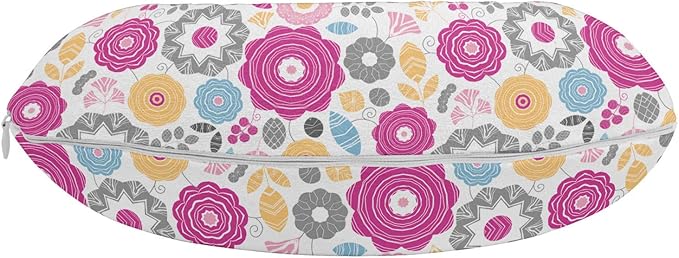 Ambesonne Spring Travel Pillow Neck Rest, Geometric Flower Petals Lily Dahlia Blooms and Leaves Botany Pattern, Memory Foam Traveling Accessory for Airplane and Car, 12", Purple Grey