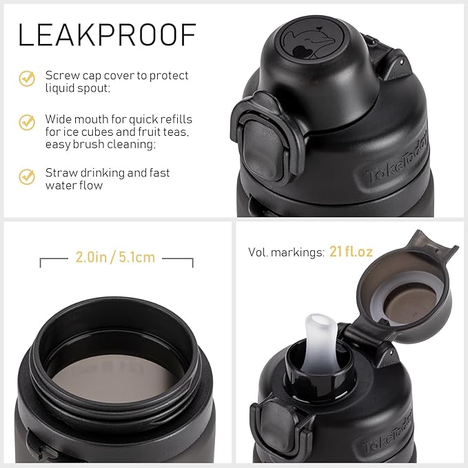 TakeToday Collapsible Water Bottles 20oz, Leak Proof, BPA-Free, Foldable Silicone Travel Water Bottle with Straw Strap for Cycling, Hiking, Outdoors