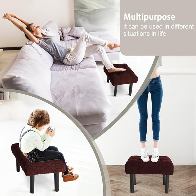 HOUCHICS Fur Padded Foot Stool, Small Ottoman Foot Rest with Wooden Legs,Modern Rectangle Chair Foot Rest Foot Step Stool for Living Room, Couch, Desk（Wine Red