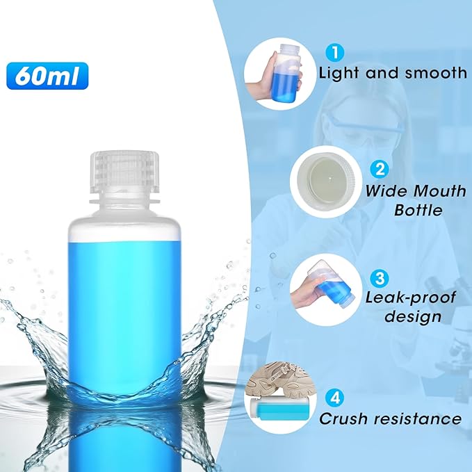 2oz/60ml Plastic Sample Bottles with caps, Wide Mouth Reagent Bottle with Lids Leak Proof Containers Water Sample Bottles for Laboratories, Travel(5Pcs)
