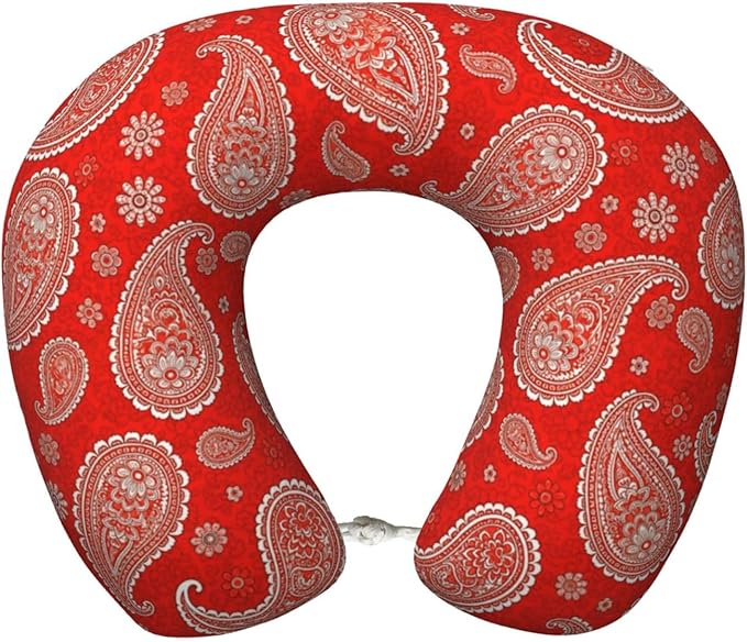 Comfortable Memory Foam Travel Neck Pillow, Funny Chin/Head Cushion Supporting Airplane Car Pillows Paisley Bandana Red for Sleeping Outdoors Travel Office