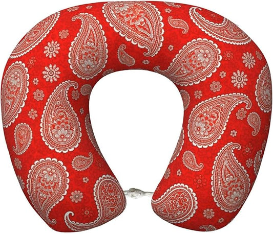 Comfortable Memory Foam Travel Neck Pillow, Funny Chin/Head Cushion Supporting Airplane Car Pillows Paisley Bandana Red for Sleeping Outdoors Travel Office