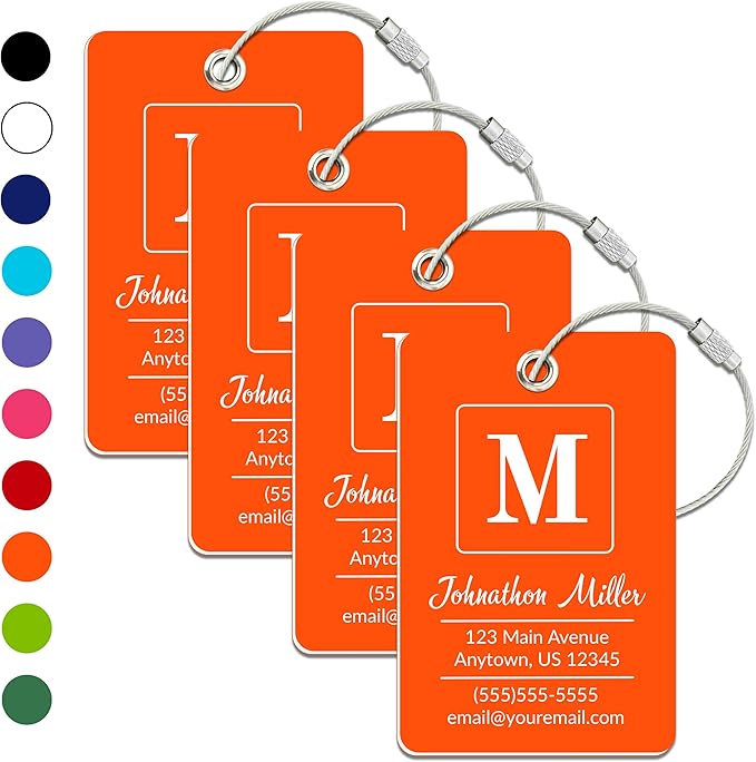 Personalized Luggage Tag | 4 Pack | Custom Luggage Tags for Suitcases | Kids Backpack Tag | 10 Color Options & Choose Font, Font Color