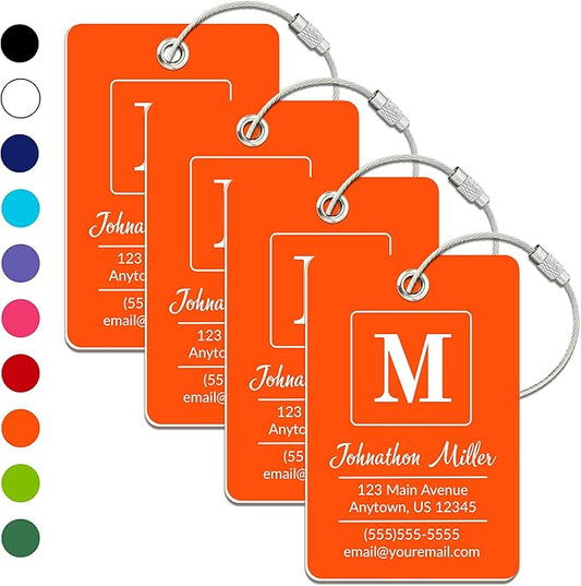 Personalized Luggage Tag | 4 Pack | Custom Luggage Tags for Suitcases | Kids Backpack Tag | 10 Color Options & Choose Font, Font Color