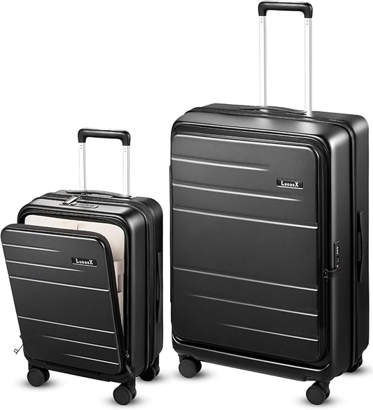 LUGGEX Luggage Sets 2 Piece, FLO5 Expandable Polycarbonate Hard Shell Suitcase Sets with Front Pocket (FX-Core, Black, 20/28 Inch)