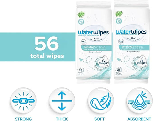 WaterWipes On The Go Wipes, 99.9% Water-Based Wipes for Travel, Sports, and to Refresh Skin, Unscented & Hypoallergenic, 28 Count (2 Pack)