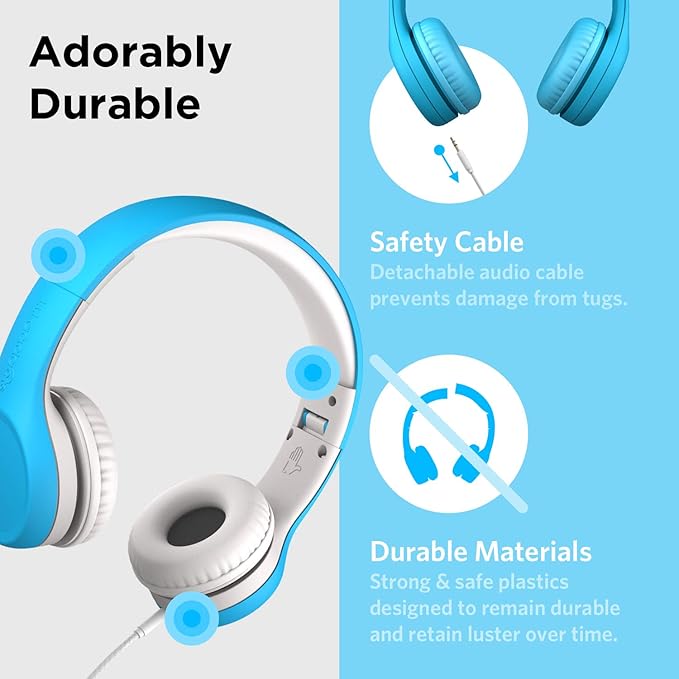 LilGadgets Connect+ Foldable Headphones, Adjustable Fit Soft Touch Padding for Kids with Mic, Volume-Limited & Noise Reduction On-Ear Wired Headset for School with SharePort - Blue, Ages 3-14