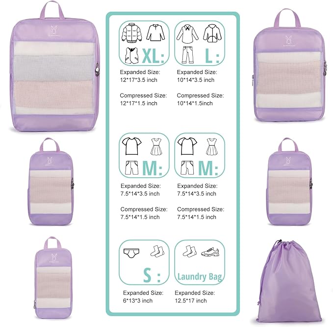 Expandable Compression Packing Cubes for Suitcases,6 Set Lightweight Compressible Travel Packing Organizer for Carry on Suitcase,Organizer Bags Set as Travel Essentials for Women